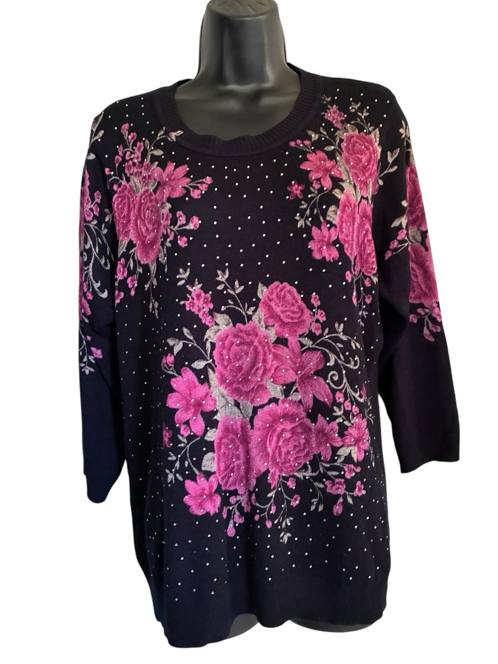 Vintage 90s Black Romantic Goth Coquette Sweater Pink Floral Embroidery Sz XL